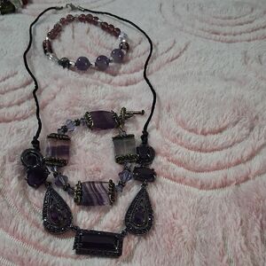 Elegant Purple Beaded Necklace and Bracelet Set
